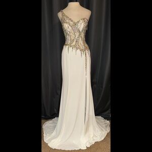 Jovani Prom Dress White Embellished Bodice High Slit Gown 4/Small EUC